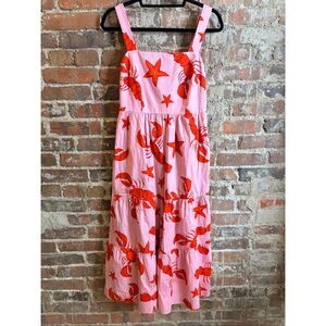 J.CREW • Pink/Red Lobster & Starfish 1” Strap Sleeve Tiered Midi Sundress • Ladi